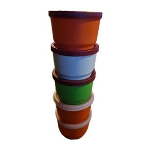 Lot of 5 Vintage Tupperware Orange Snack Cups & Lids 1229 / 297 Small Cup Bowl